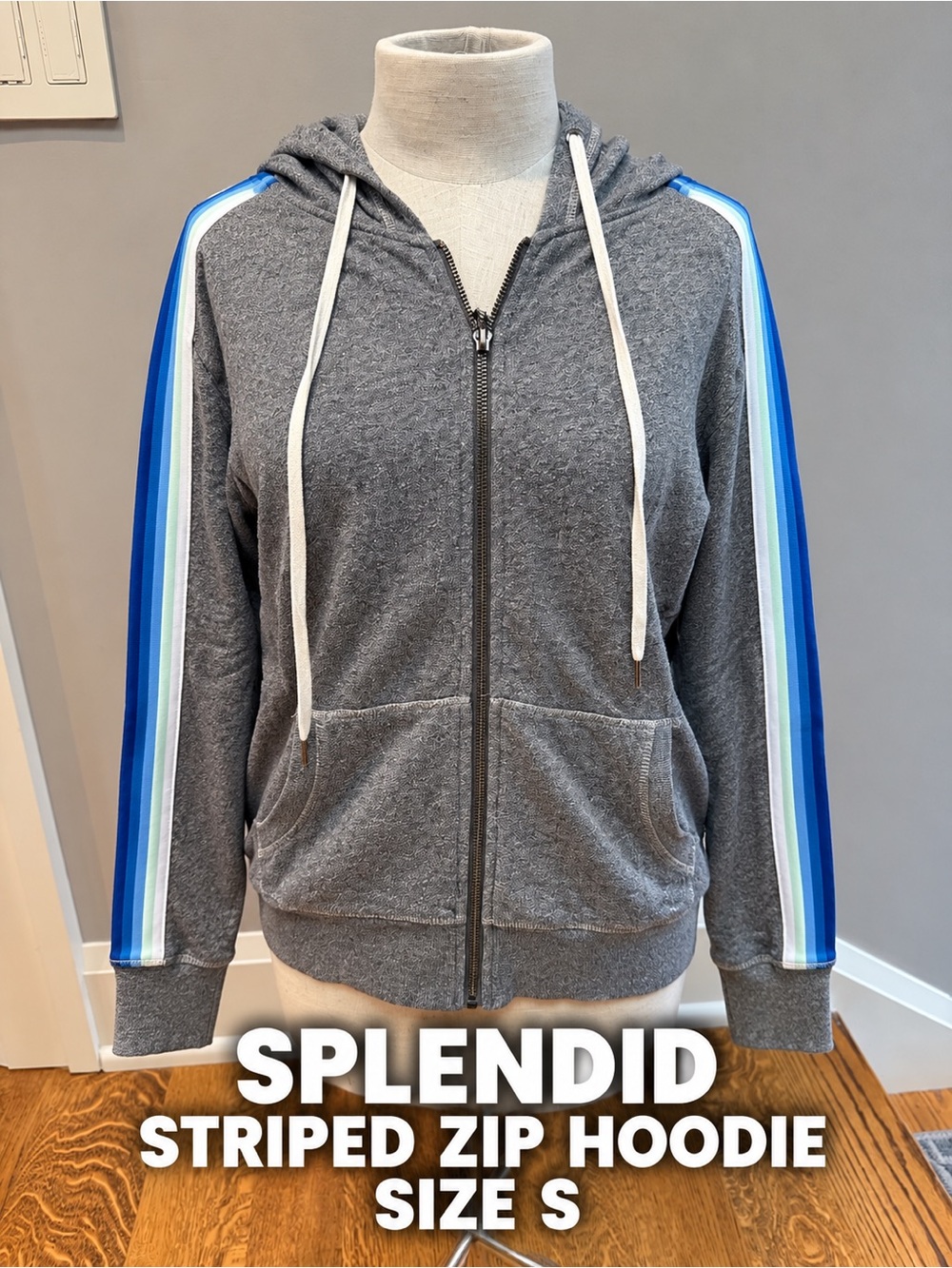 Splendid Gray Blue Stripe Zip Up Hoodie Sweatshirt Size S
